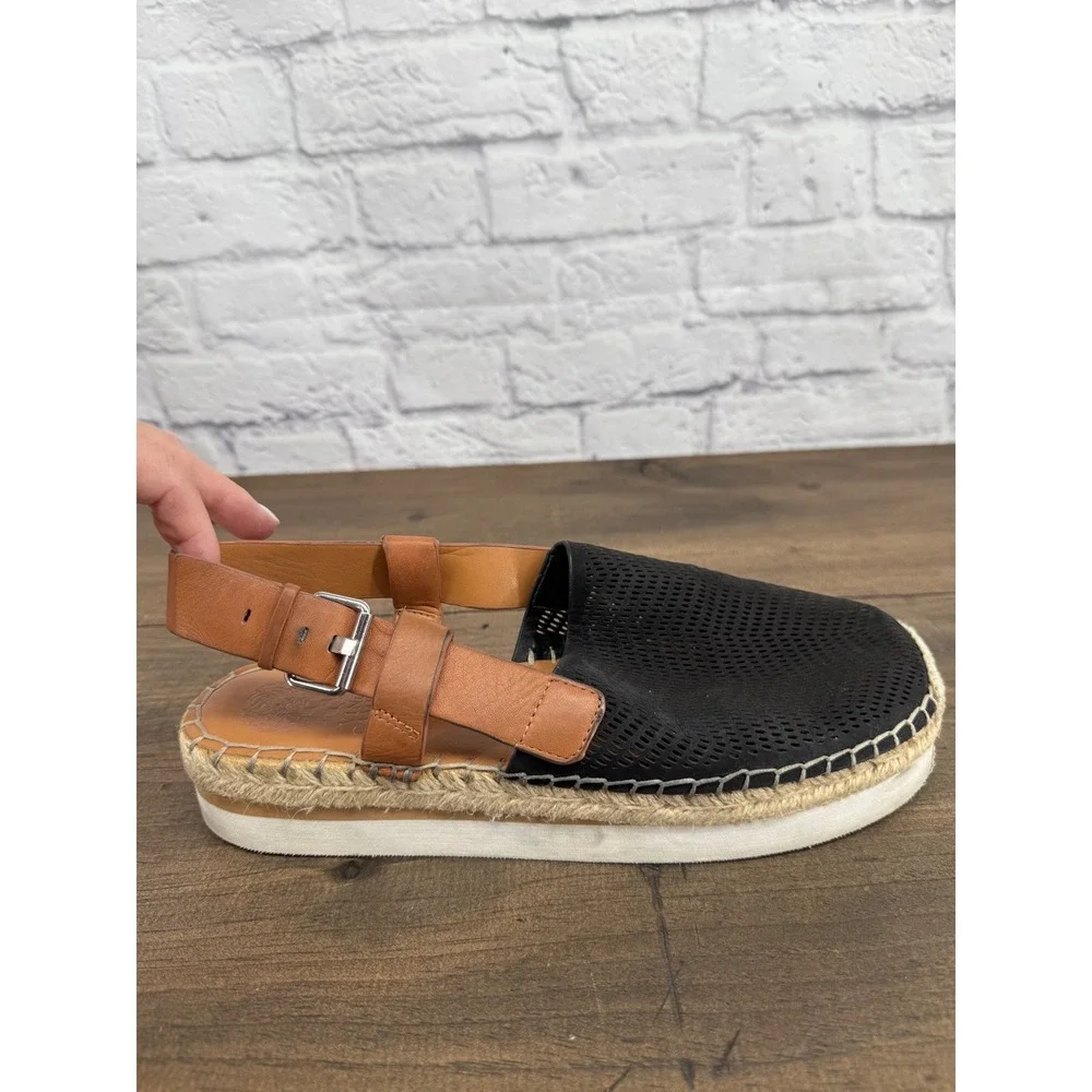 Vince Camuto Brettal Black Tan Leather Perforated Platform Espadrille Sandal 9.5